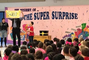 In The Mystery of the Super Surprise assembly show students learn that saying Sorry is the first step in mending relationships.